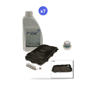 What's in the box: BMW ZF 8HP transmission service kit with ZF LifeguardFluid 8 (7 x 1 L), pan with filter and fill plug
