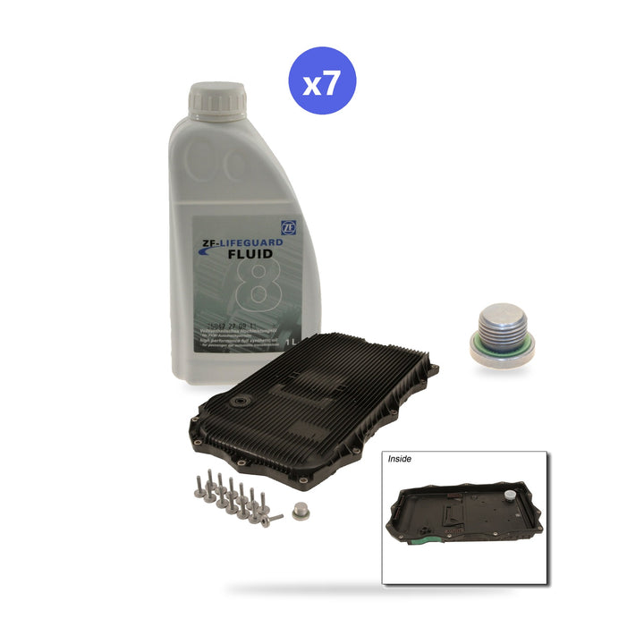 What's in the box: BMW ZF 8HP transmission service kit with ZF LifeguardFluid 8 (7 x 1 L), pan with filter and fill plug