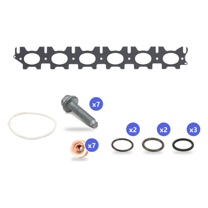 What's in the box: BMW B58 Turbo Install Kit, Gen 1 B58, for 340i, 440i, M240i, 540i, 740i 2016-2020: Manifold Gasket, 7 Nuts, 7 Bolts, Line O-Rings, Downpipe Gasket