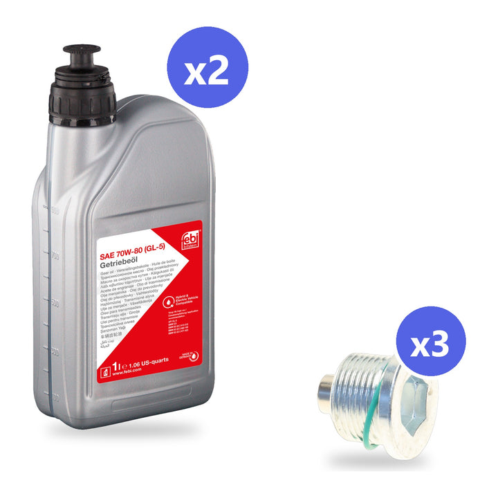What's in the box: BMW G20 3 Series xDrive Differential Fluid Kit, Built From 03/2020: Febi G5 70W-80 Front and Rear, 2 L Plus 3 Screw Plugs