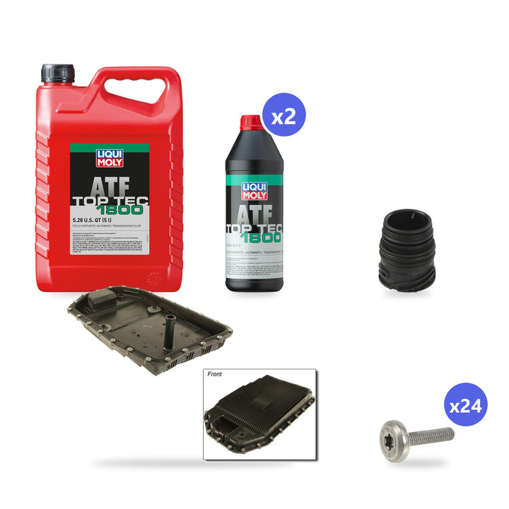 What's in the box: BMW ZF 6HP19 Automatic Transmission Service Kit (E60, E61, E70, E71, E82, E84, E85, E86, E88, E89, E90, E91, E92, E93): Pan with Filter, 7 L Liqui Moly Top Tec ATF 1800, 24 Bolts