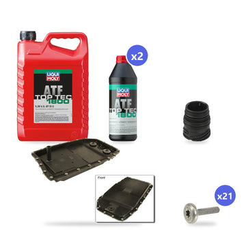 What's in the box: BMW ZF 6HP26 Automatic Transmission Service Kit (E60, E63, E64, E65, E66, E70, E71, E90, F01, F02): Pan with Filter, 7 L Liqui Moly Top Tec ATF 1800, 21 Bolts