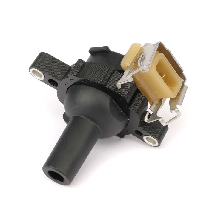 Bremi 11859T ignition coil, angled view of the plug connector, mounting tabs and boot socket