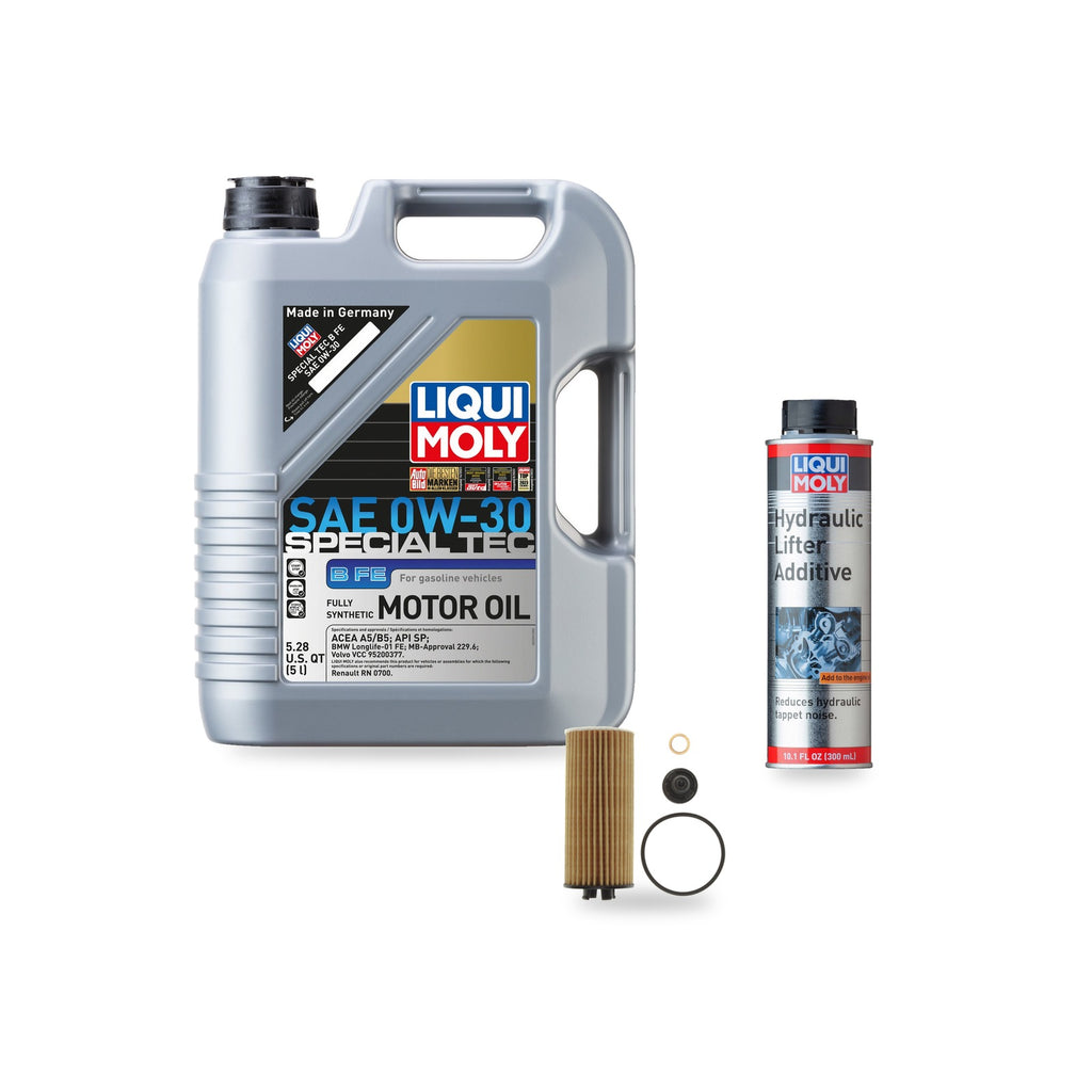 BMW B38 oil change kit contents: 5 L Liqui Moly Special Tec B FE 0W-30, Mahle OX 815/1D Filter, Liqui Moly Hydraulic Lifter Additive