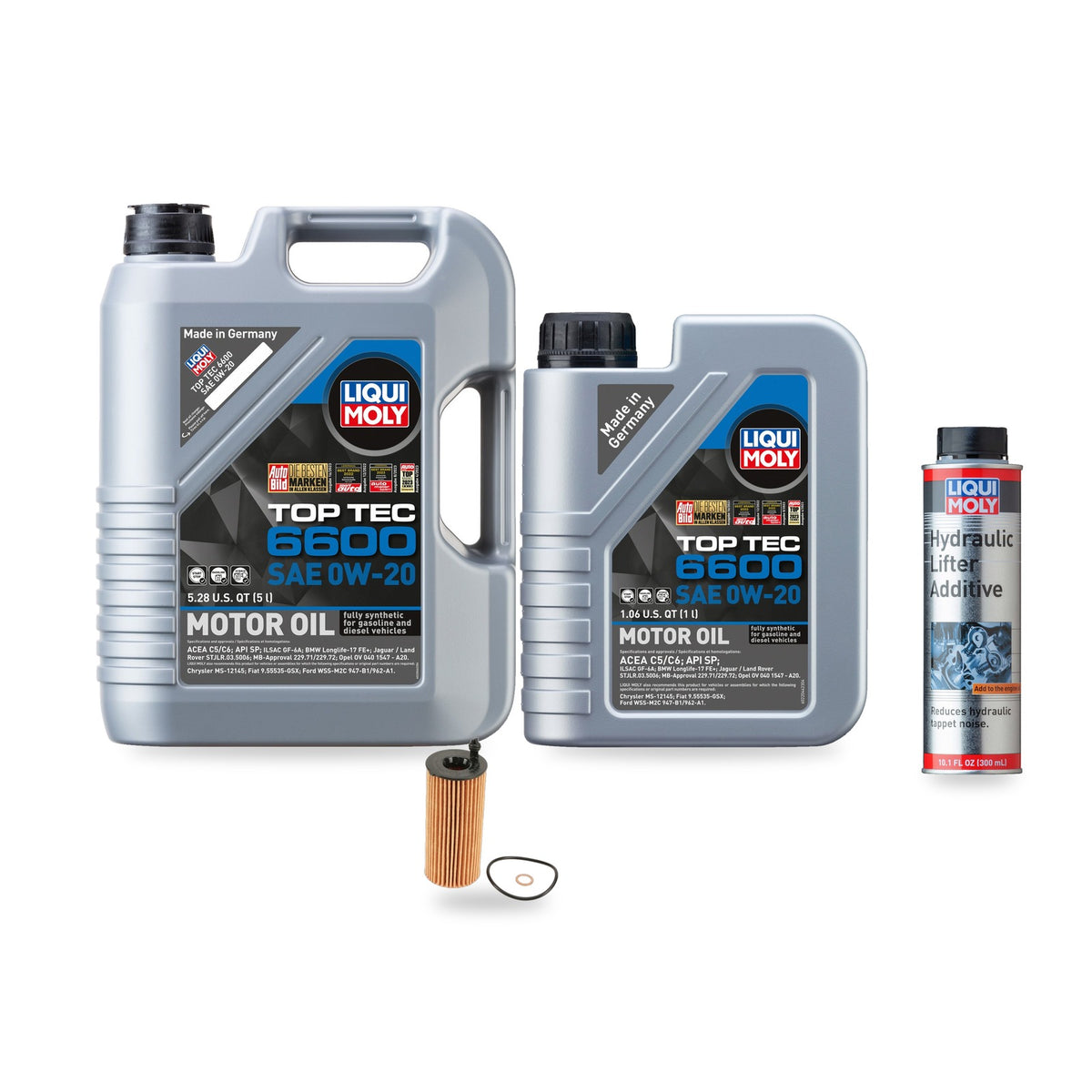 BMW B46/B48 oil change kit contents: 6 L Liqui Moly Top Tec 6600 0W-20, Hengst E362H D313 Filter, Liqui Moly Hydraulic Lifter Additive