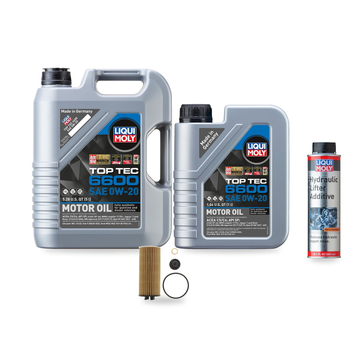 BMW B46 oil change kit contents: 6 L Liqui Moly Top Tec 6600 0W-20, Mahle OX 815/1D Filter, Liqui Moly Hydraulic Lifter Additive