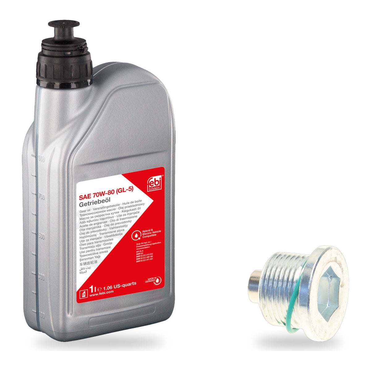 What's in the box: BMW G20 330i Rear Differential Fluid Kit, RWD, All Years: Febi G3/G5 70W-80 1 L Plus Screw Plug
