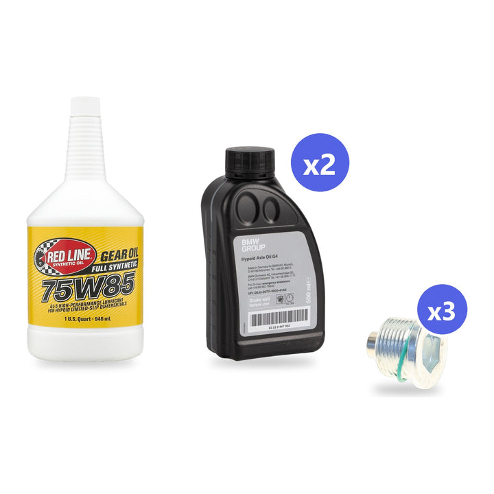 What's in the box: BMW G20 M340i xDrive Differential Fluid Kit with M Sport Differential, Built to 02/2020: Red Line G2 Front, Genuine BMW G4 Rear, 3 Screw Plugs