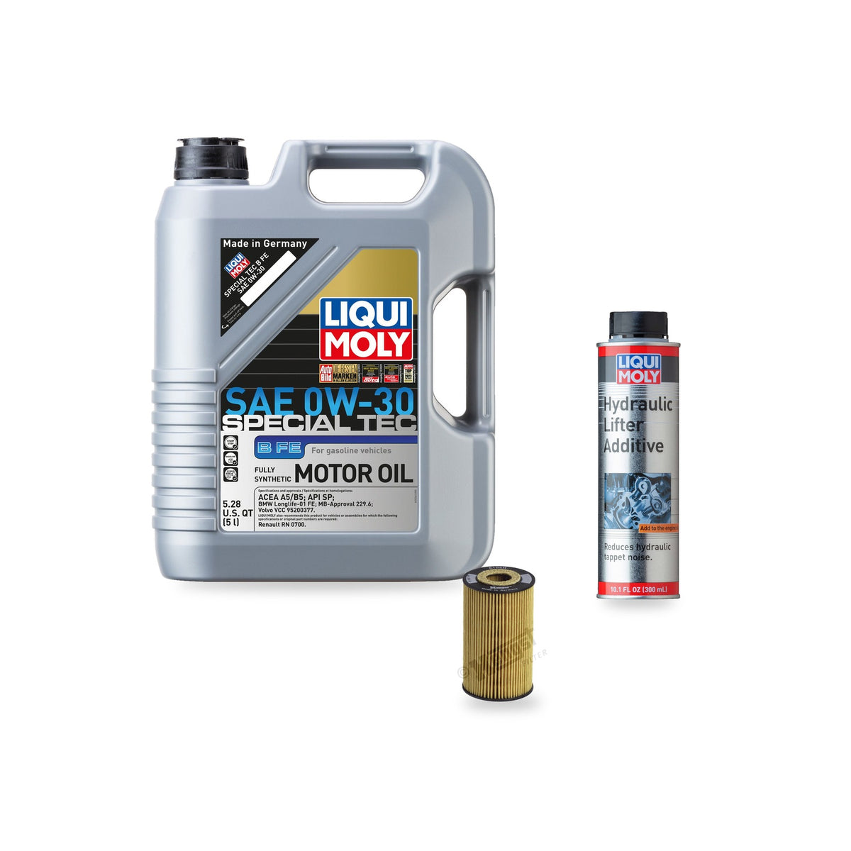 BMW M44 oil change kit contents: 5 L Liqui Moly Special Tec B FE 0W-30, Hengst E104H D43 Filter, Liqui Moly Hydraulic Lifter Additive