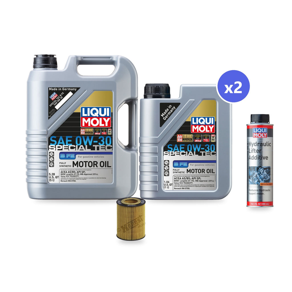 BMW M52/M54/M56 oil change kit contents: 7 L Liqui Moly Special Tec B FE 0W-30, Hengst E106H D34 Filter, Liqui Moly Hydraulic Lifter Additive