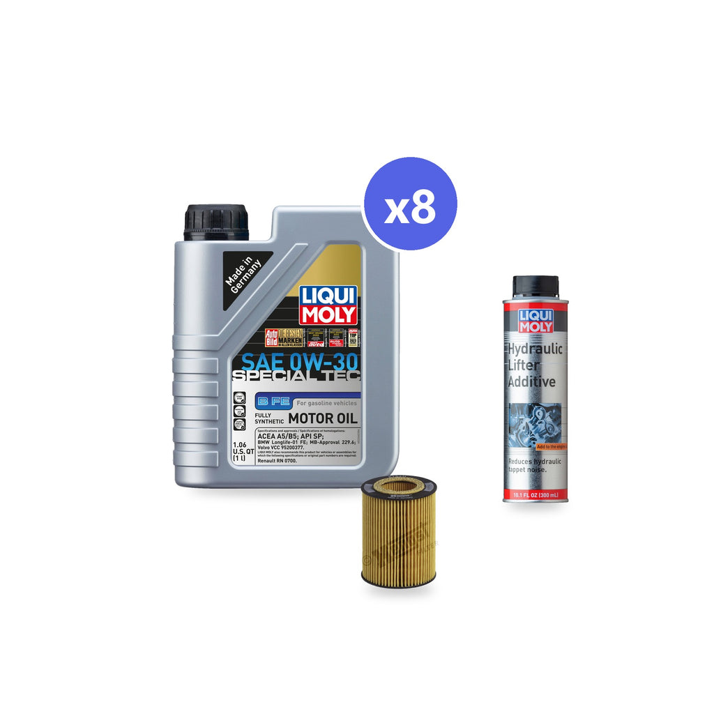 BMW M54 oil change kit contents: 8 L Liqui Moly Special Tec B FE 0W-30, Hengst E106H D34 Filter, Liqui Moly Hydraulic Lifter Additive