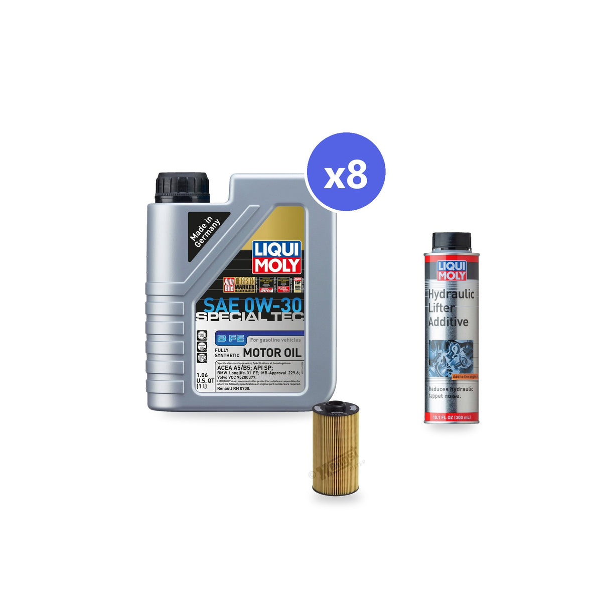 BMW M60/M62 oil change kit contents: 8 L Liqui Moly Special Tec B FE 0W-30, Hengst E202H01 D34 Filter, Liqui Moly Hydraulic Lifter Additive