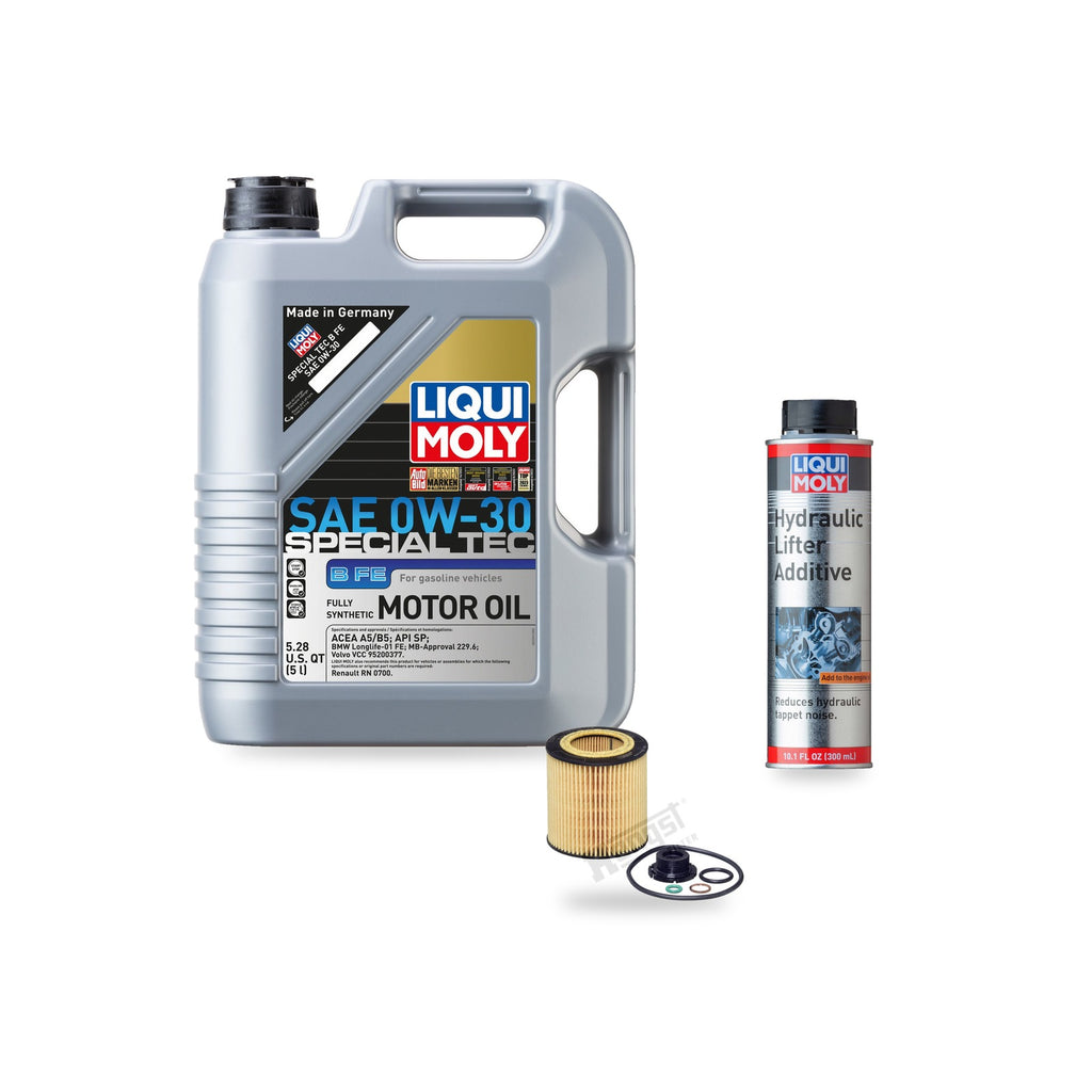 BMW N20/N26 oil change kit contents: 5 L Liqui Moly Special Tec B FE 0W-30, Hengst E61H D258 Filter, Liqui Moly Hydraulic Lifter Additive