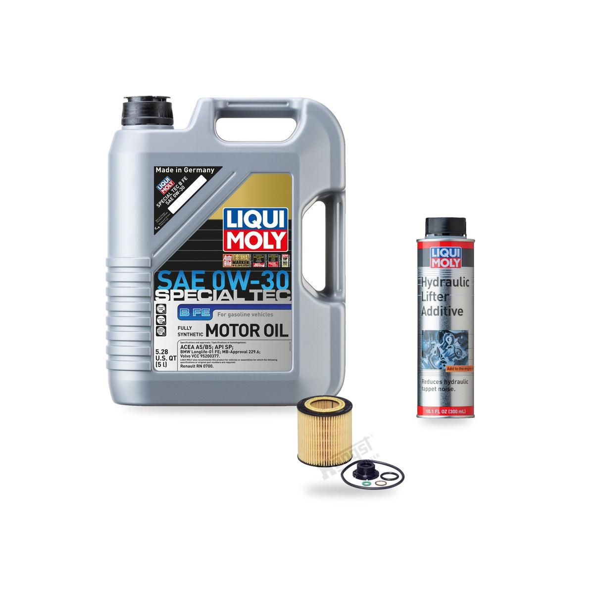 BMW N20/N26 oil change kit contents: 5 L Liqui Moly Special Tec B FE 0W-30, Hengst E61H D258 Filter, Liqui Moly Hydraulic Lifter Additive