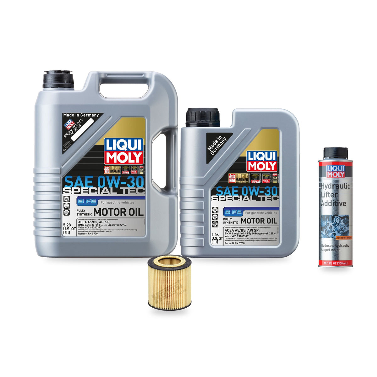 BMW N20/N26 oil change kit contents: 6 L Liqui Moly Special Tec B FE 0W-30, Hengst E61H D215 Filter, Liqui Moly Hydraulic Lifter Additive