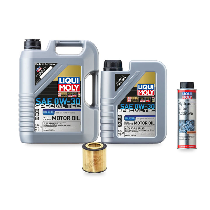 BMW N20/N26 oil change kit contents: 6 L Liqui Moly Special Tec B FE 0W-30, Hengst E61H D215 Filter, Liqui Moly Hydraulic Lifter Additive