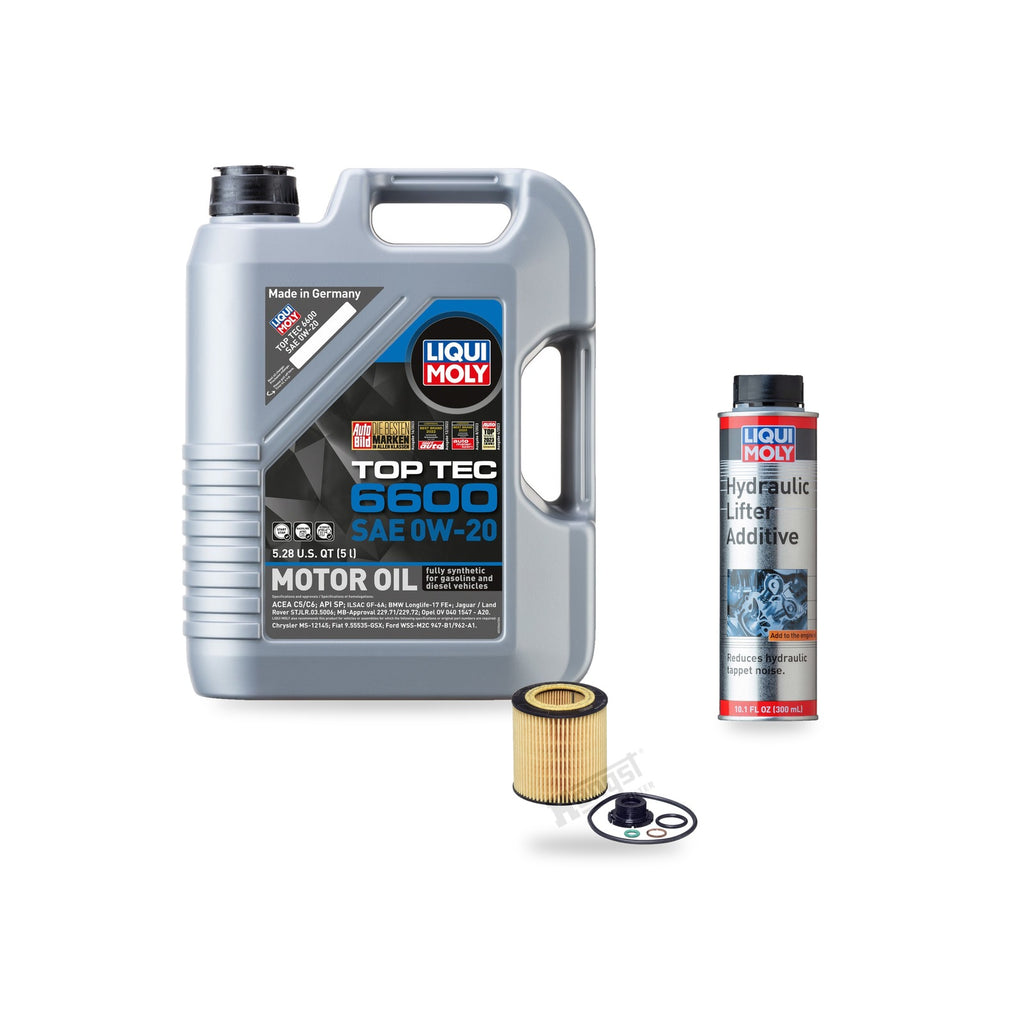 BMW N20/N26 oil change kit contents: 5 L Liqui Moly Top Tec 6600 0W-20, Hengst E61H D258 Filter, Liqui Moly Hydraulic Lifter Additive
