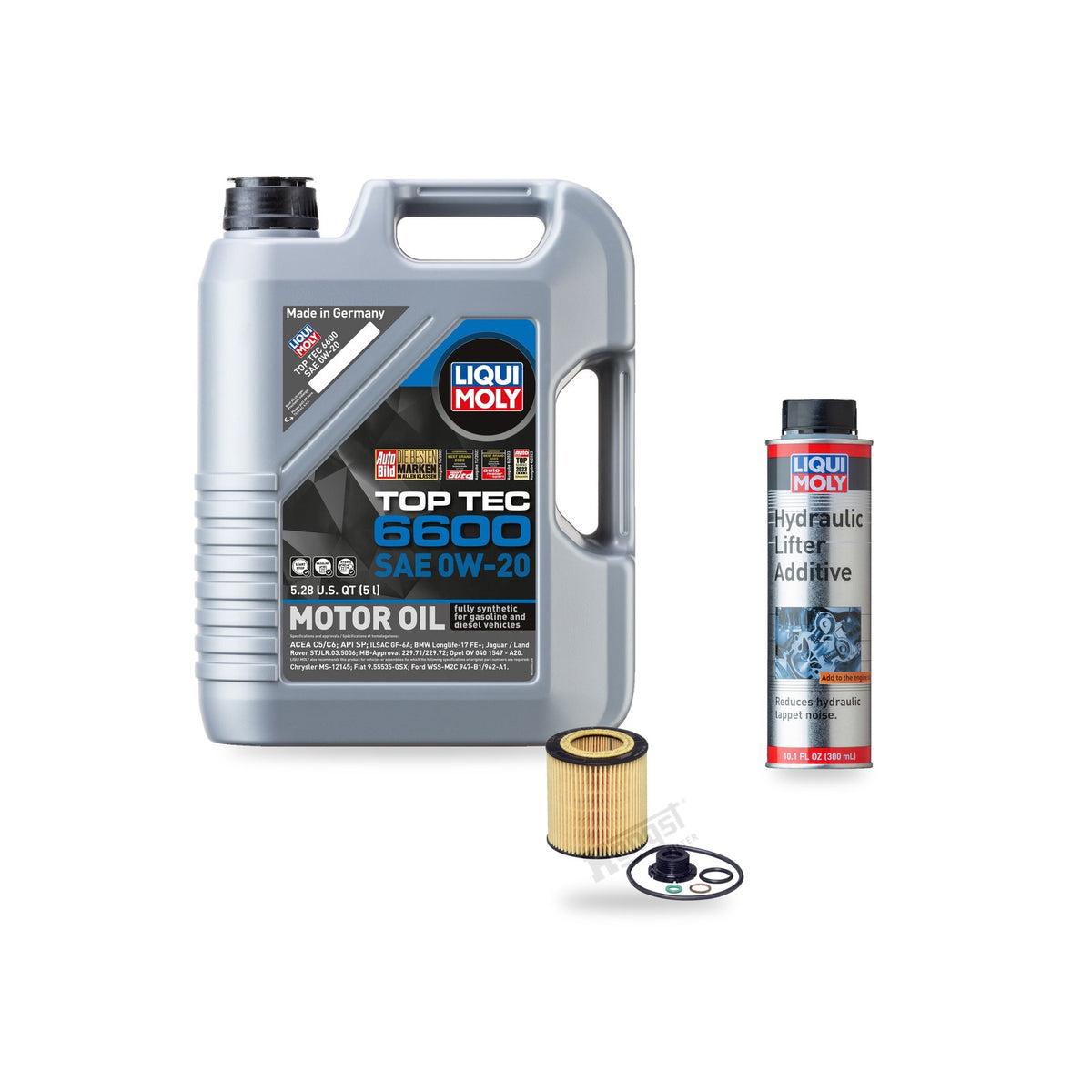 BMW N20/N26 oil change kit contents: 5 L Liqui Moly Top Tec 6600 0W-20, Hengst E61H D258 Filter, Liqui Moly Hydraulic Lifter Additive