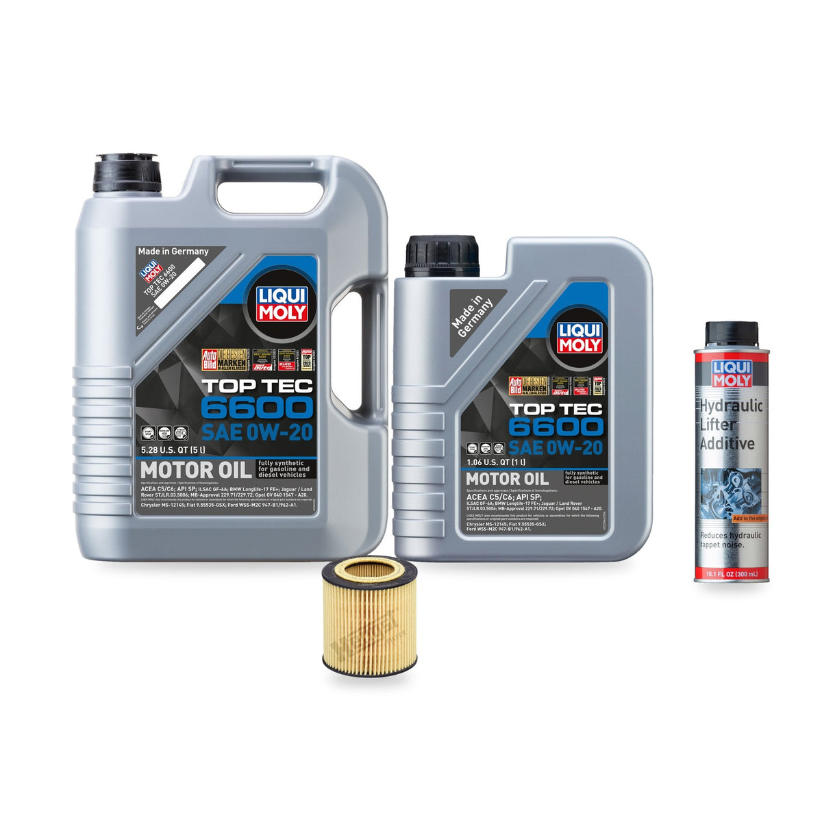 BMW N20/N26 oil change kit contents: 6 L Liqui Moly Top Tec 6600 0W-20, Hengst E61H D215 Filter, Liqui Moly Hydraulic Lifter Additive