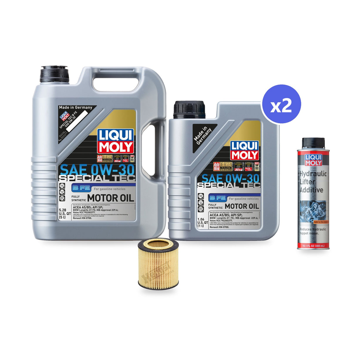 BMW N51/N52/N54/N55 oil change kit contents: 7 L Liqui Moly Special Tec B FE 0W-30, Hengst E61H D215 Filter, Liqui Moly Hydraulic Lifter Additive