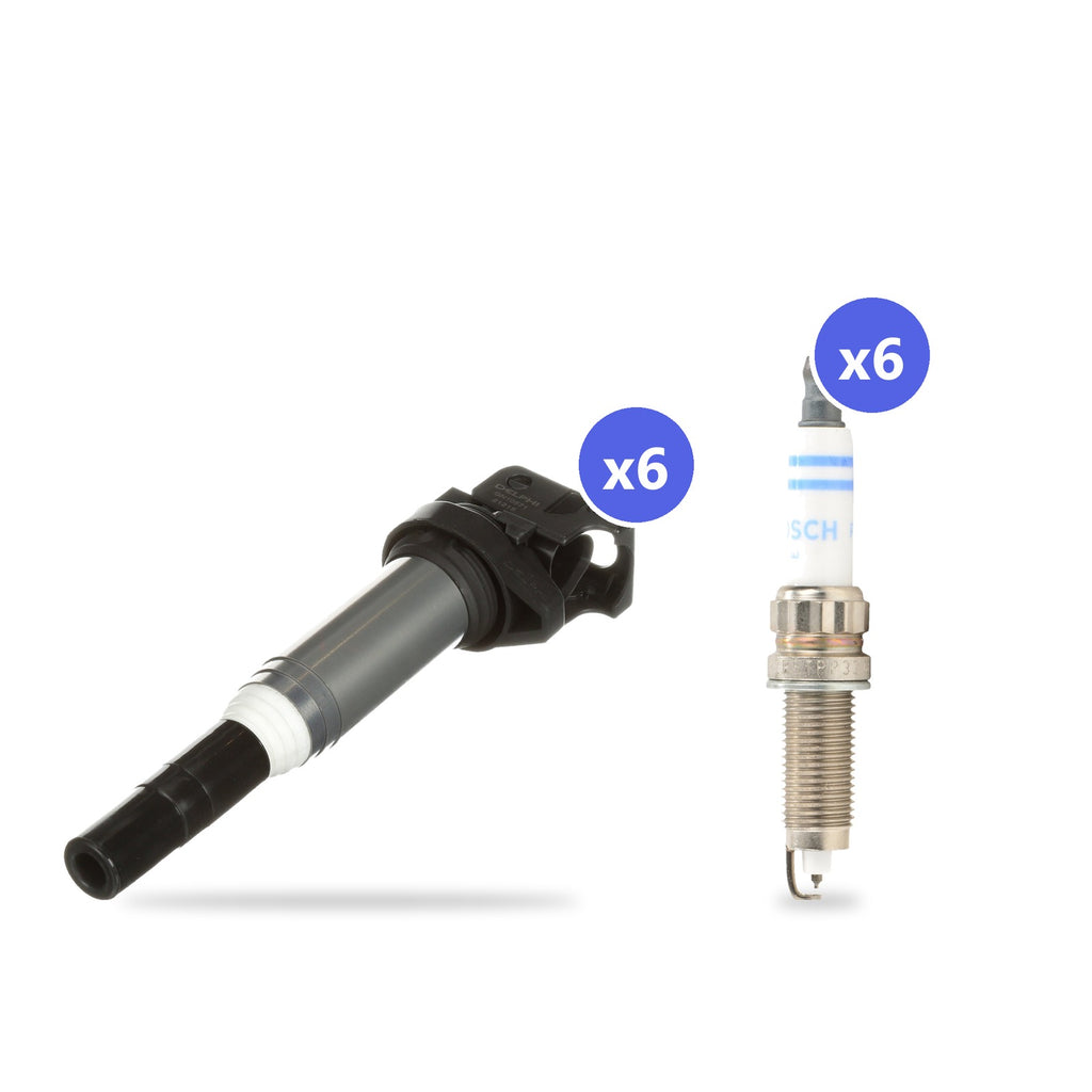 What's in the box: BMW N55 Ignition Coil and Spark Plug Kit 2010-2019: 6 Delphi GN10571 Coils, 6 Bosch ZR5TPP33 Spark Plugs