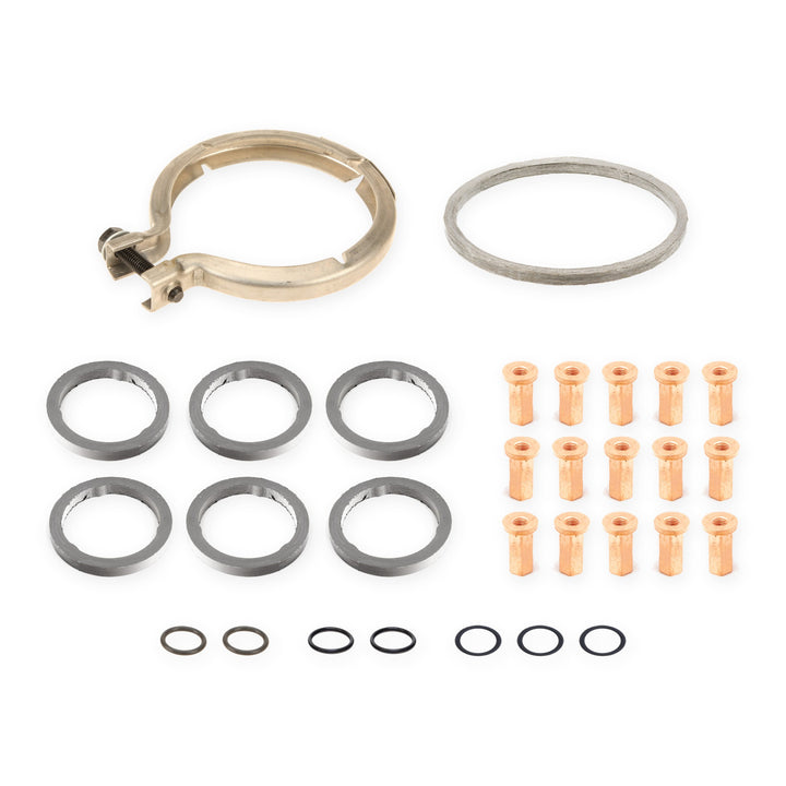 BMW N55 turbo seal kit, all 30 pieces: V-band clamp, downpipe gasket, 6 manifold gasket rings, 15 flange nuts, 7 line O-rings
