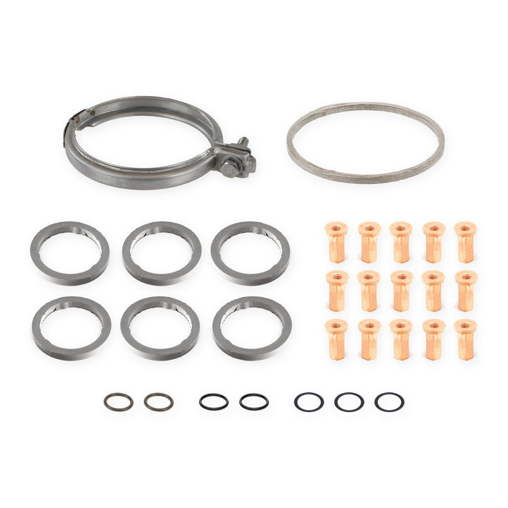 BMW N55 turbo seal kit, all 30 pieces: V-band clamp, downpipe gasket, 6 manifold gasket rings, 15 flange nuts, 7 line O-rings
