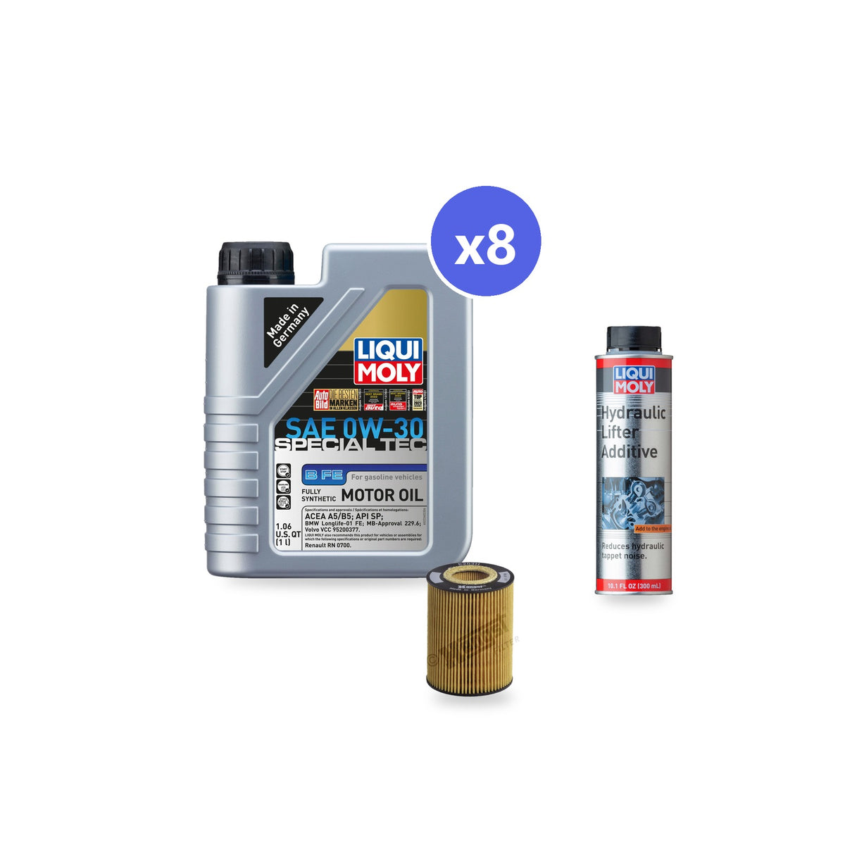 BMW N62 oil change kit contents: 8 L Liqui Moly Special Tec B FE 0W-30, Hengst E203H D67 Filter, Liqui Moly Hydraulic Lifter Additive