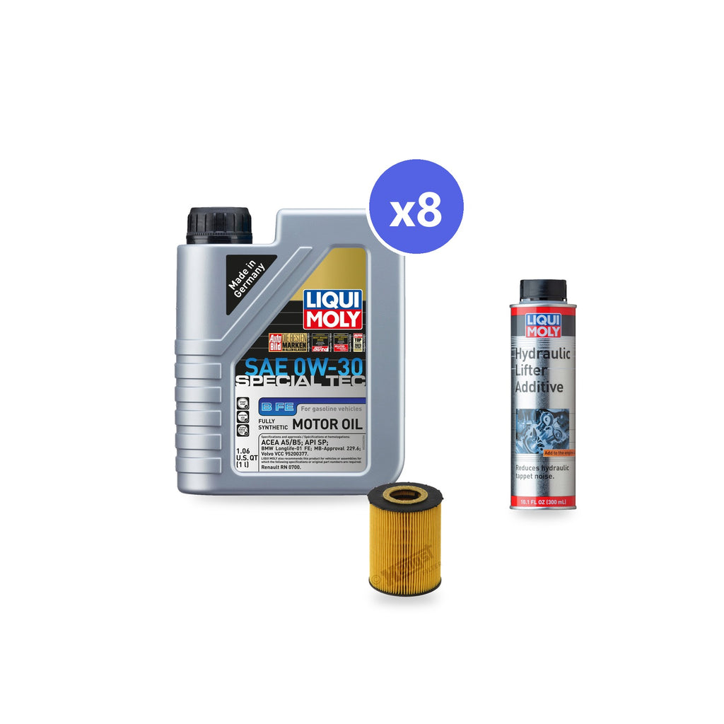 BMW N62 oil change kit contents: 8 L Liqui Moly Special Tec B FE 0W-30, Hengst E203H04 D67 Filter, Liqui Moly Hydraulic Lifter Additive