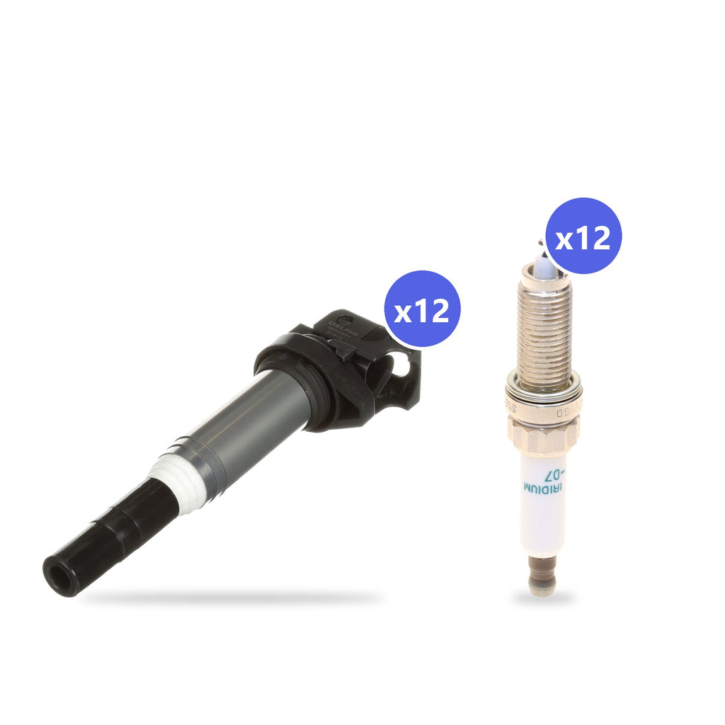 What's in the box: BMW N74 Ignition Coil and Spark Plug Kit 2019-2020: 12 Delphi GN10571 Coils, 12 Denso SXB24HCF-D7 Spark Plugs