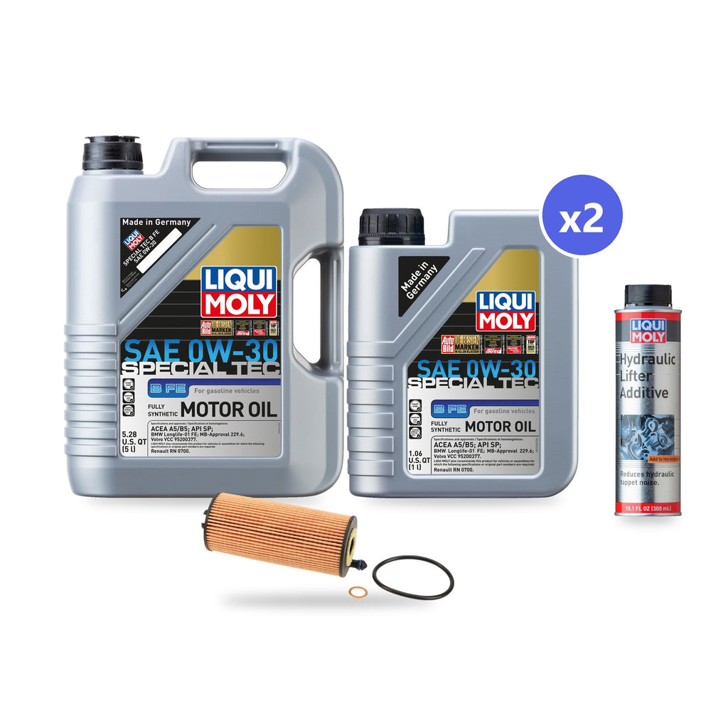 BMW S58 oil change kit contents: 7 L Liqui Moly Special Tec B FE 0W-30, Hengst E258H D379 Filter, Liqui Moly Hydraulic Lifter Additive