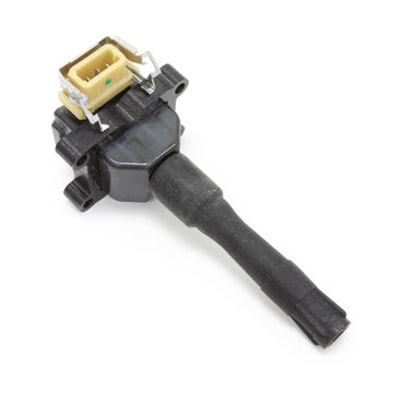 Bremi 11856T ignition coil, angled view with plug connector and long rubber boot