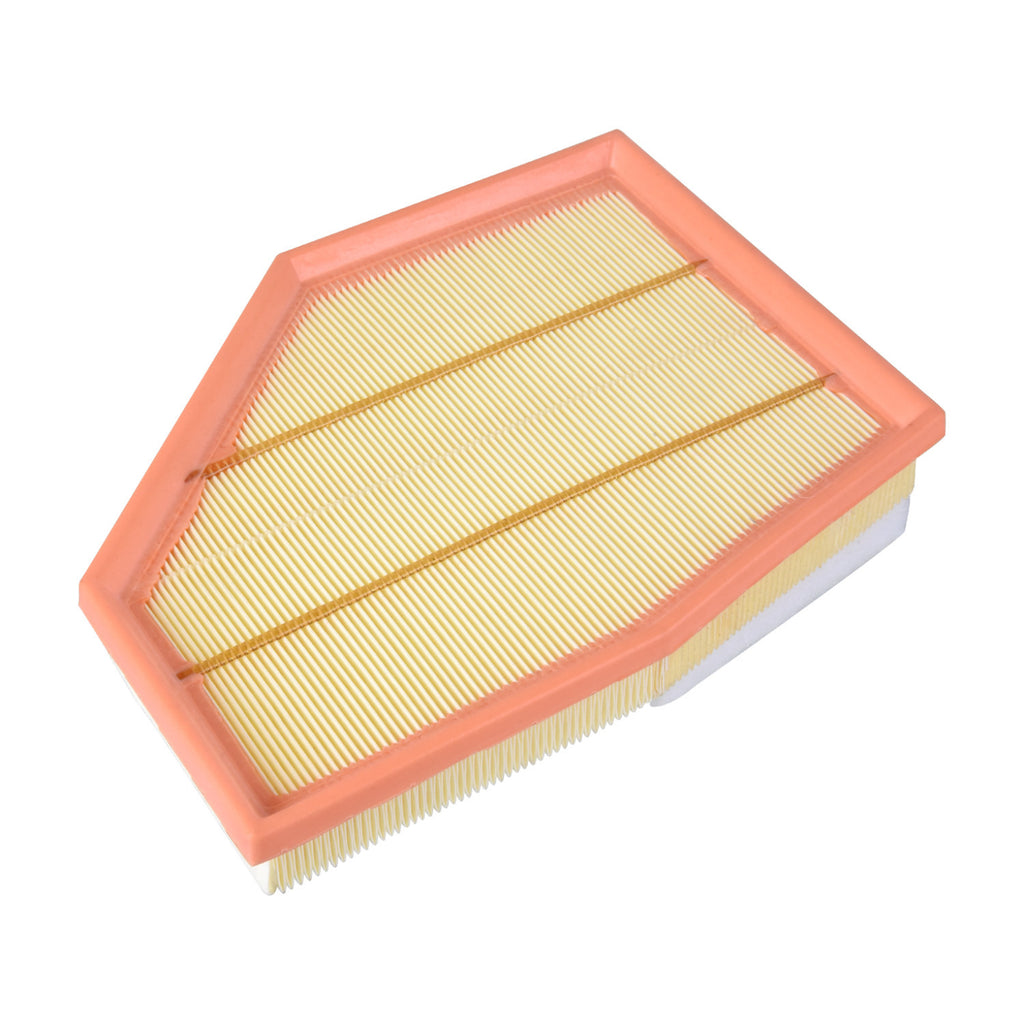 Febi 177154 engine air filter, pleated media and orange frame, angled top view