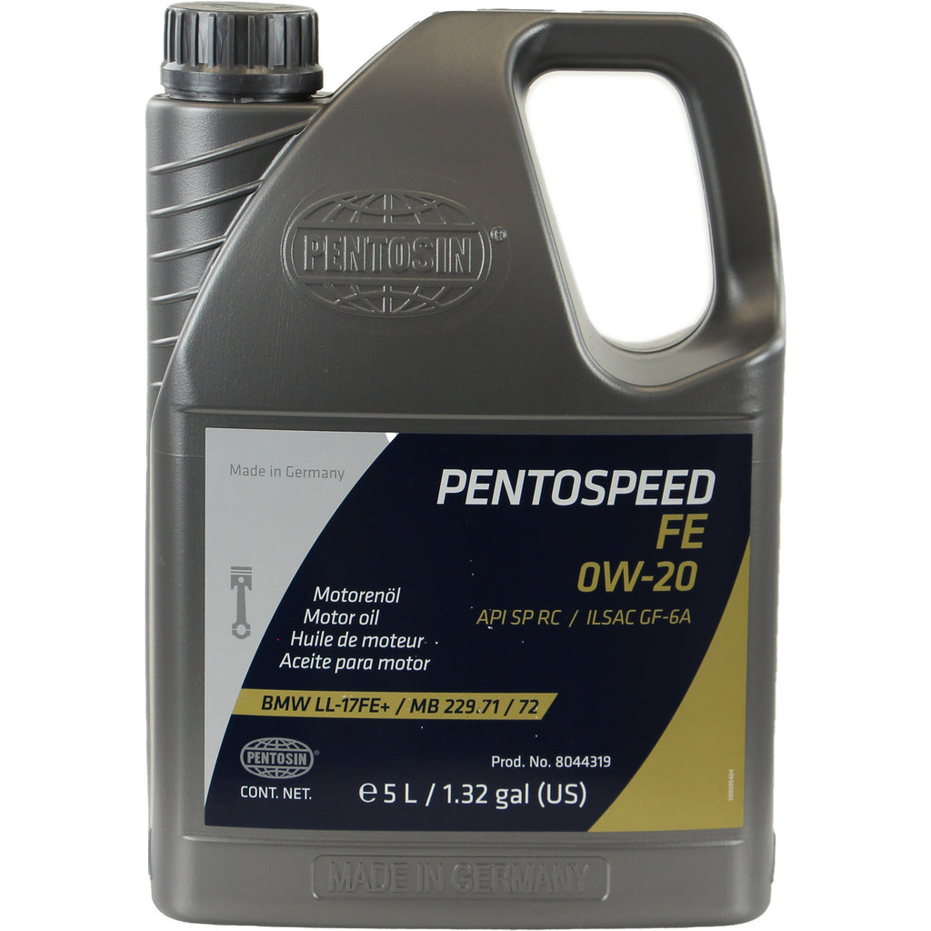 Pentosin Pentospeed FE 0W-20 engine oil, 5 liter jug (1.32 US gal), front label