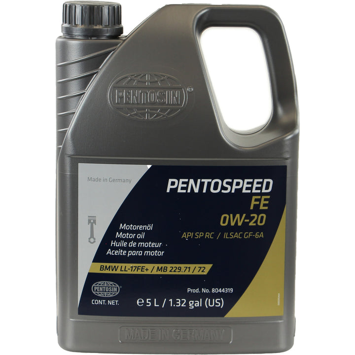 Pentosin Pentospeed FE 0W-20 engine oil, 5 liter jug (1.32 US gal), front label